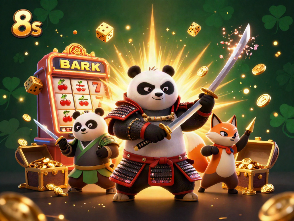 Engage with 8s by spinning the reels amidst a vibrant, exciting scene of jackpots and winning symbols.