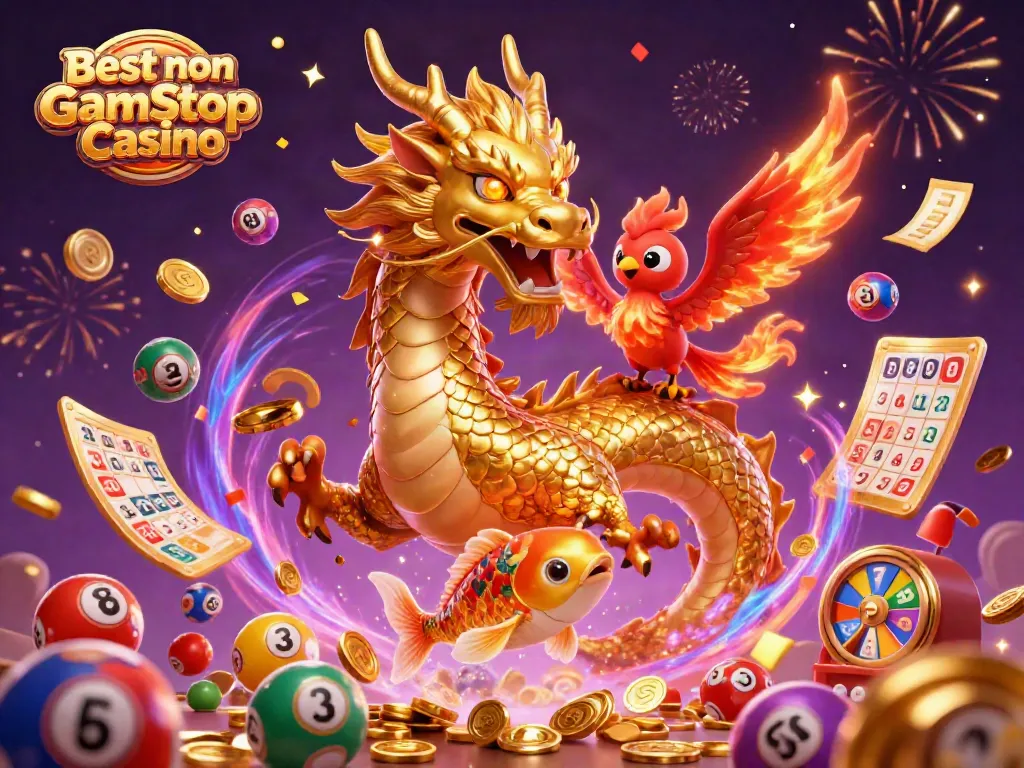 Experience the excitement of the Best non Gamstop Casino with a fiery dragon and golden koi fish.