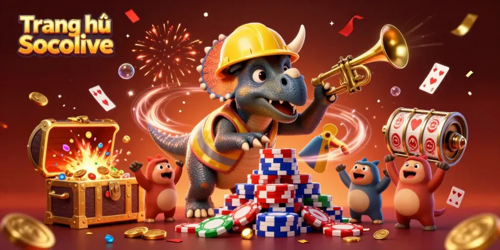 Engage with Trang chủ Socolive's exhilarating poker scene featuring cartoon dinosaurs cheerfully celebrating their wins.