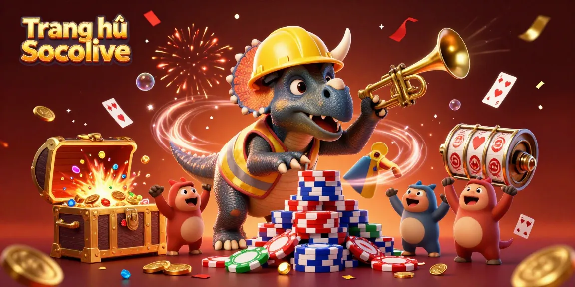Engage with Trang chủ Socolive's exhilarating poker scene featuring cartoon dinosaurs cheerfully celebrating their wins.