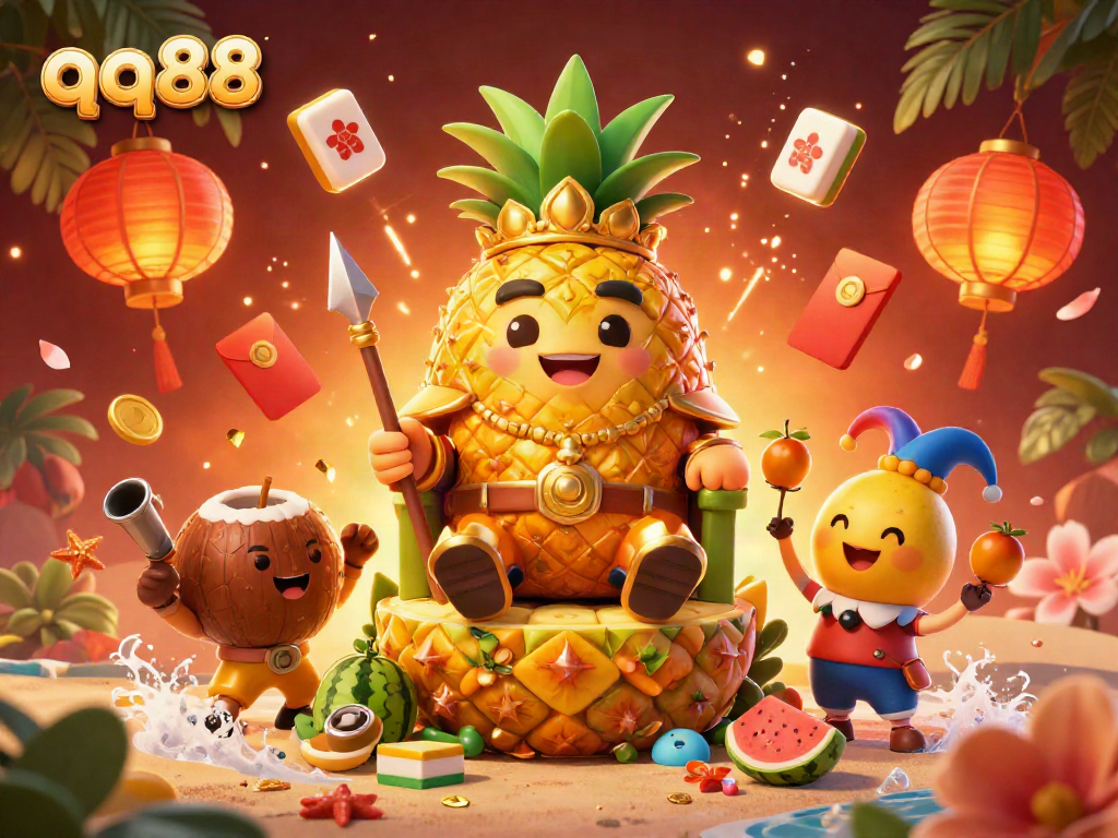 Experience the vibrant world of qq88 with a golden pineapple king and lively casino elements in this 3D illustration.