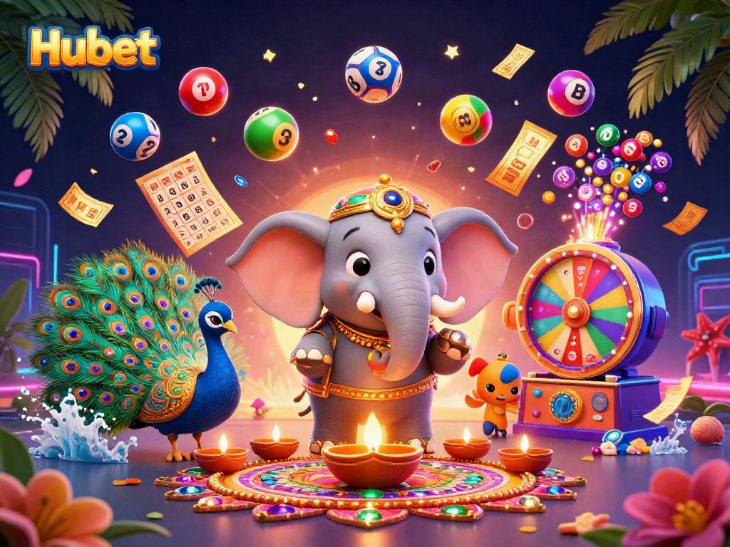Engage with Hubet's vibrant gaming environment featuring balloons and prizes in a colorful 3D scene.