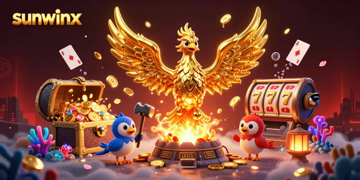 Experience the excitement of sunwinx with a dynamic 3D illustration featuring a molten golden phoenix and casino elements.