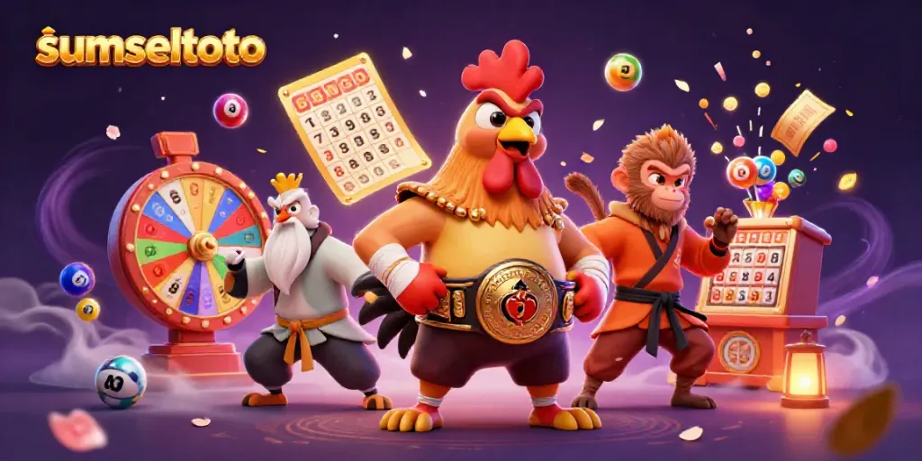 Experience sumseltoto with a vibrant scene featuring a Muay Thai rooster, monkey martial artist, and crane master amid lottery elements.