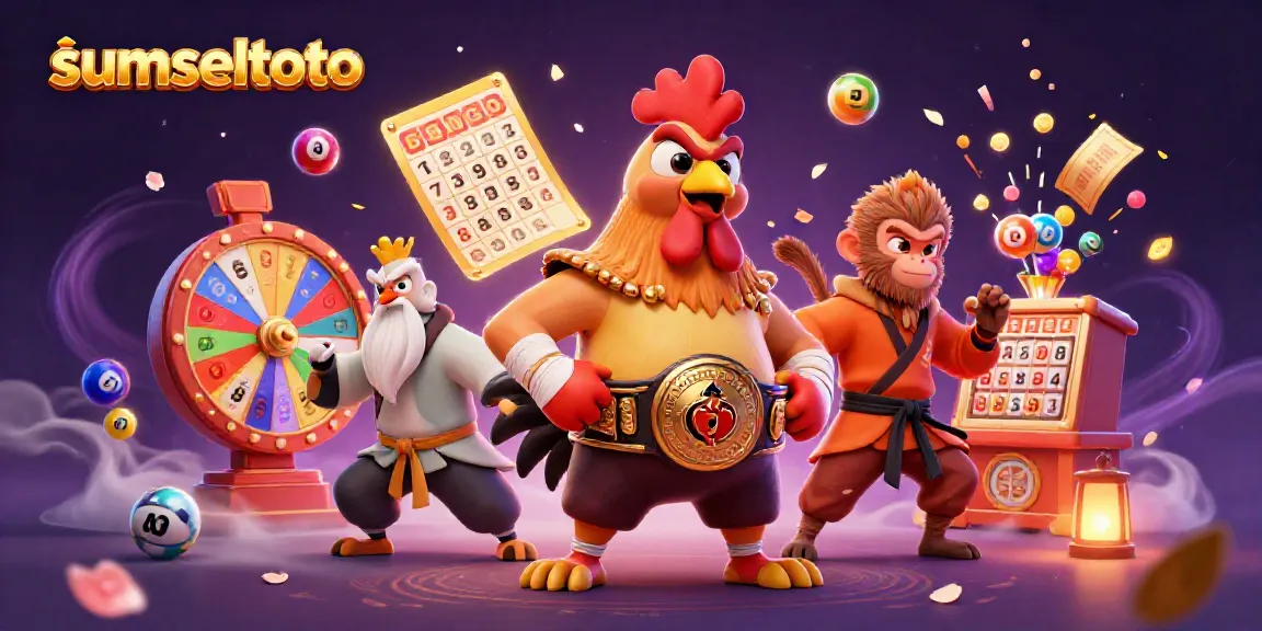 Experience sumseltoto with a vibrant scene featuring a Muay Thai rooster, monkey martial artist, and crane master amid lottery elements.