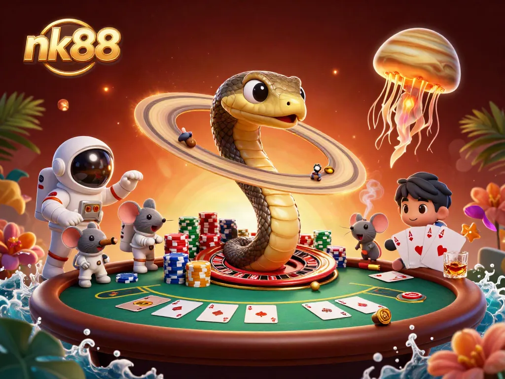 Experience thrilling nk88 gaming with a cosmic roulette wheel and exciting poker elements in a vibrant scene.