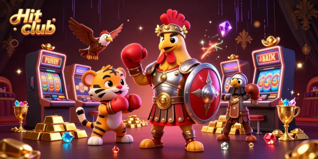 Experience the excitement of Hit club with dynamic casino visuals, showcasing vibrant characters and treasures.