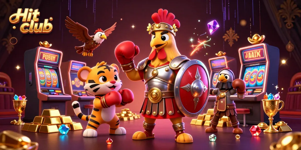 Experience the excitement of Hit club with dynamic casino visuals, showcasing vibrant characters and treasures.