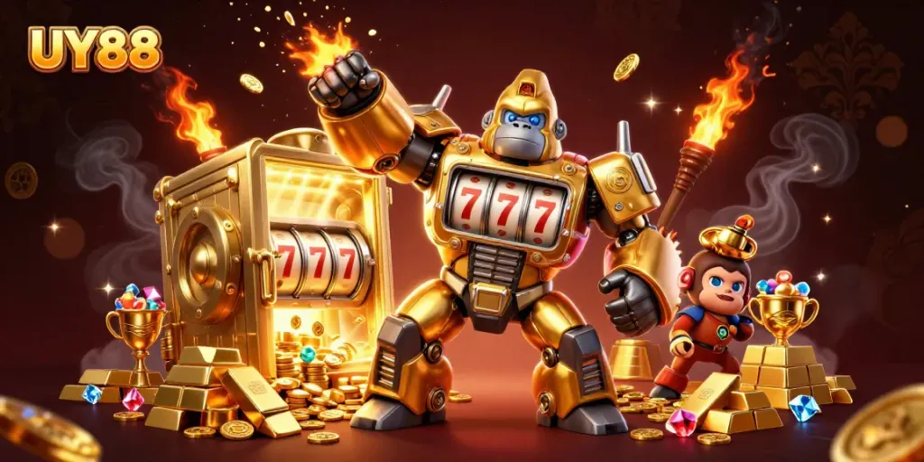 Experience thrilling wins with UY88's immersive golden gorilla mech and treasures.
