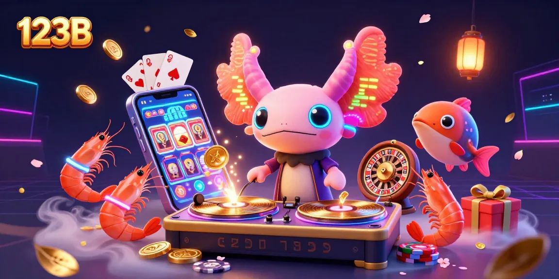 Engage with 123B's thrilling slots as the neon axolotl DJ spins vibrant tunes amidst coins and cards.