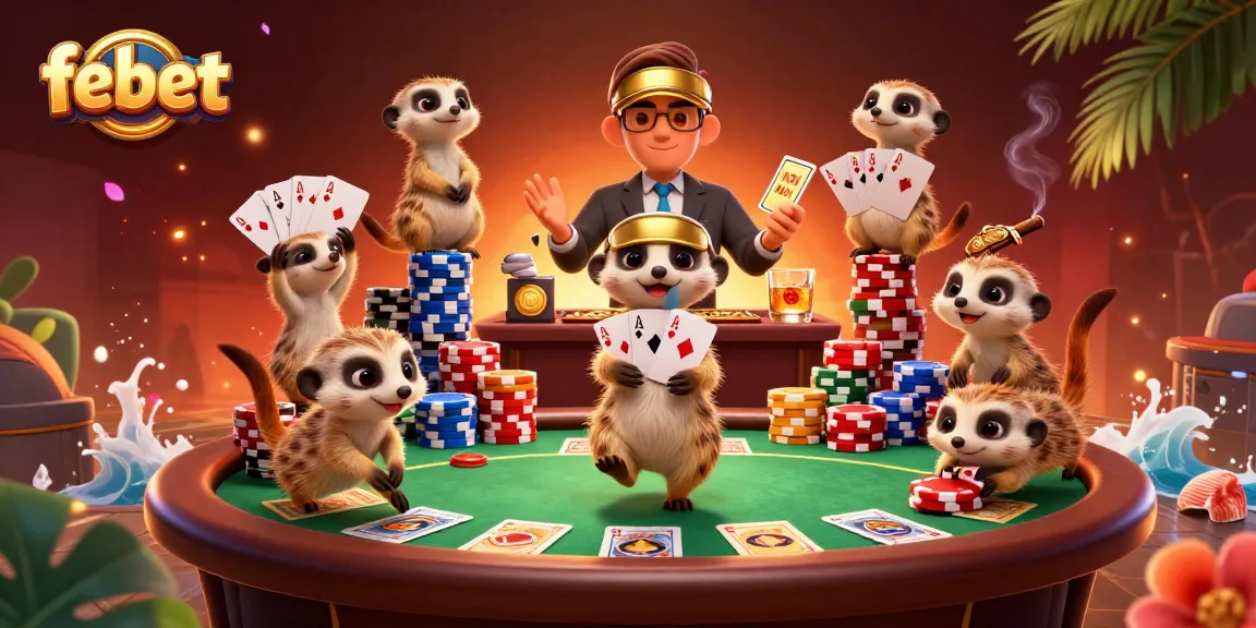 Experience fun and rewards at febet's vibrant casino scene with animated meerkats engaging in games.