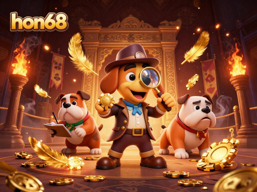 Join hon68's thrilling adventure with a detective bloodhound and bulldog solving treasures in a lively casino.