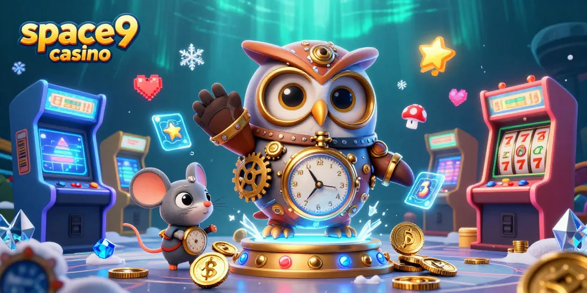 Explore unique 3D casino elements at space9 casino with a time-traveling owl and vibrant game interactions.