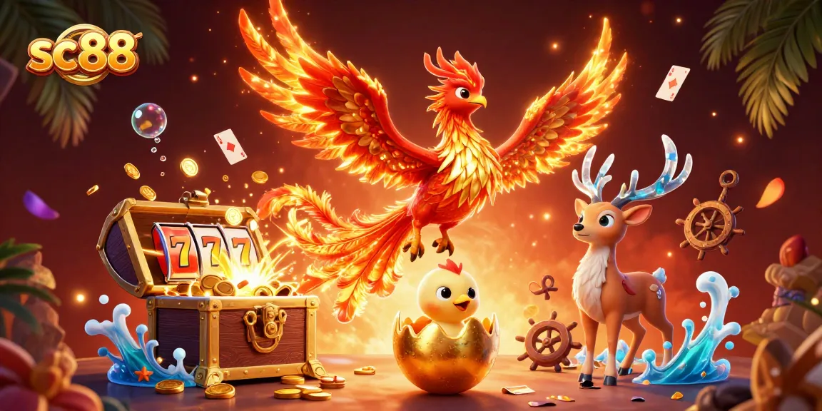 Experience the excitement of sc88 with a vibrant 3D illustration of a phoenix and jackpot game elements.