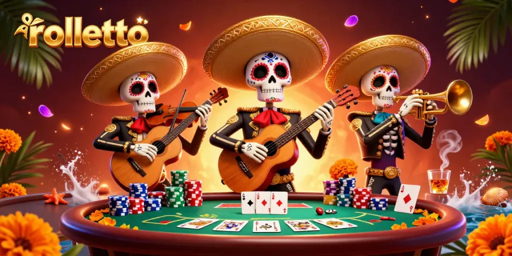 Experience rolletto's vibrant action with a mariachi band amid poker gameplay, celebrating casino thrills.