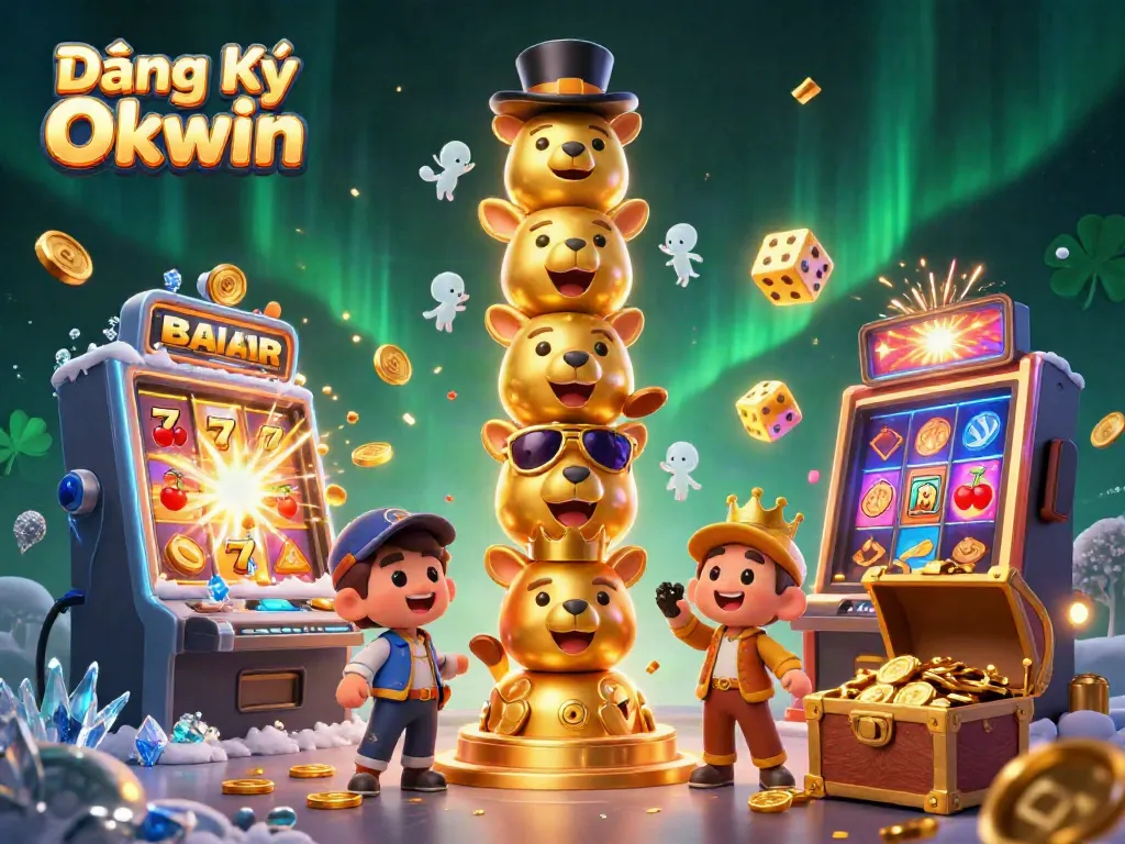 Experience thrilling gaming visuals with Đăng Ký Okwin, featuring slots, dice, and vibrant casino elements.