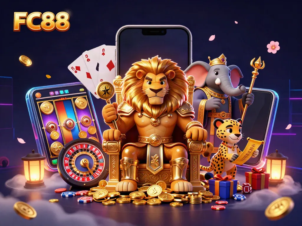 Experience thrilling gaming at FC88 with dynamic characters and vibrant gambling elements.