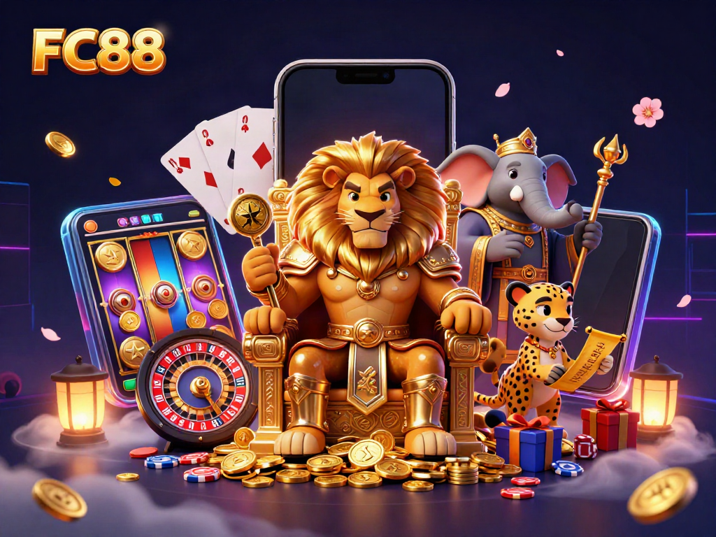 Experience thrilling gaming at FC88 with dynamic characters and vibrant gambling elements.