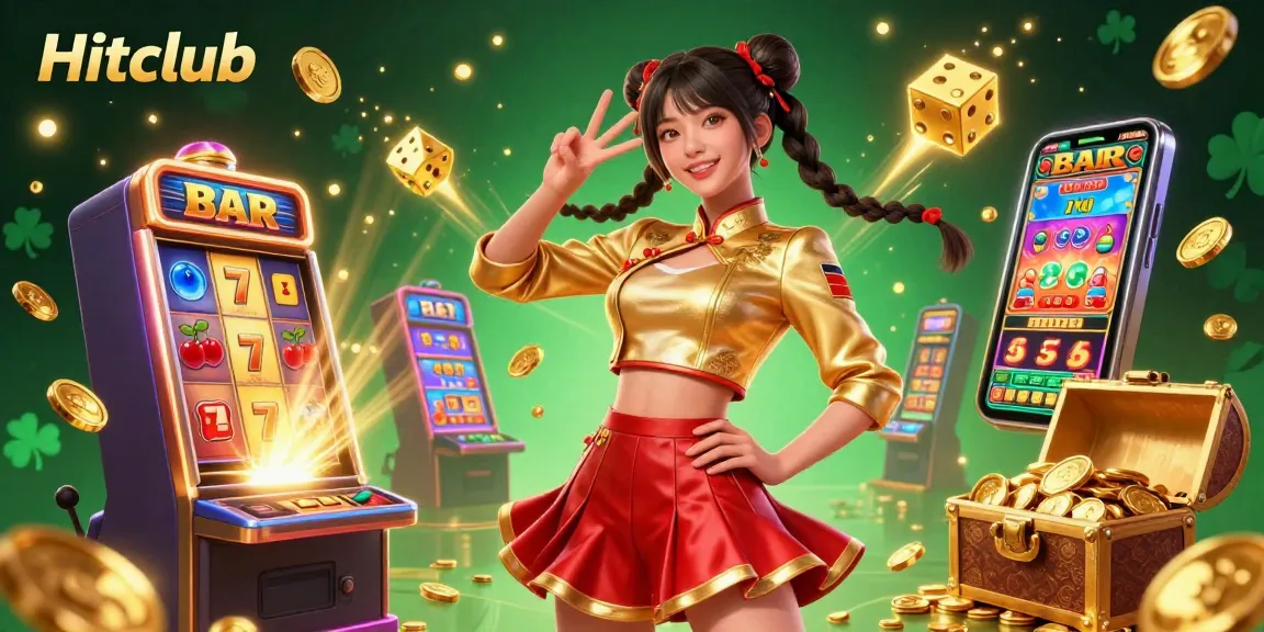 Experience the excitement of Hitclub with spinning slot machines and jackpot wins in this colorful casino scene.