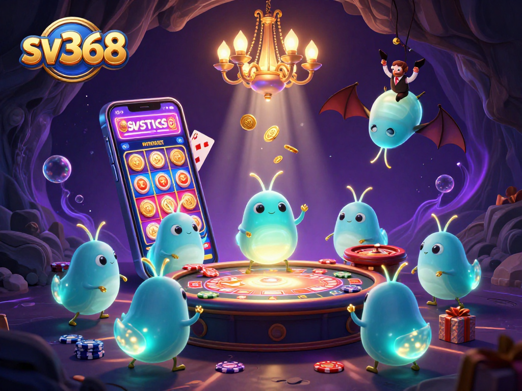 Light up your gaming experience with sv368's animated casino scene featuring neon glowworms and exciting games.
