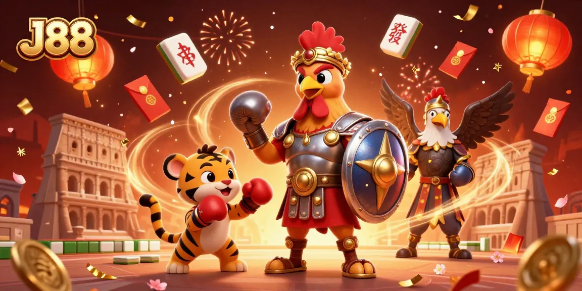 Engage in thrilling action with J88: A dynamic scene featuring a gladiator rooster and a sparring tiger cub.