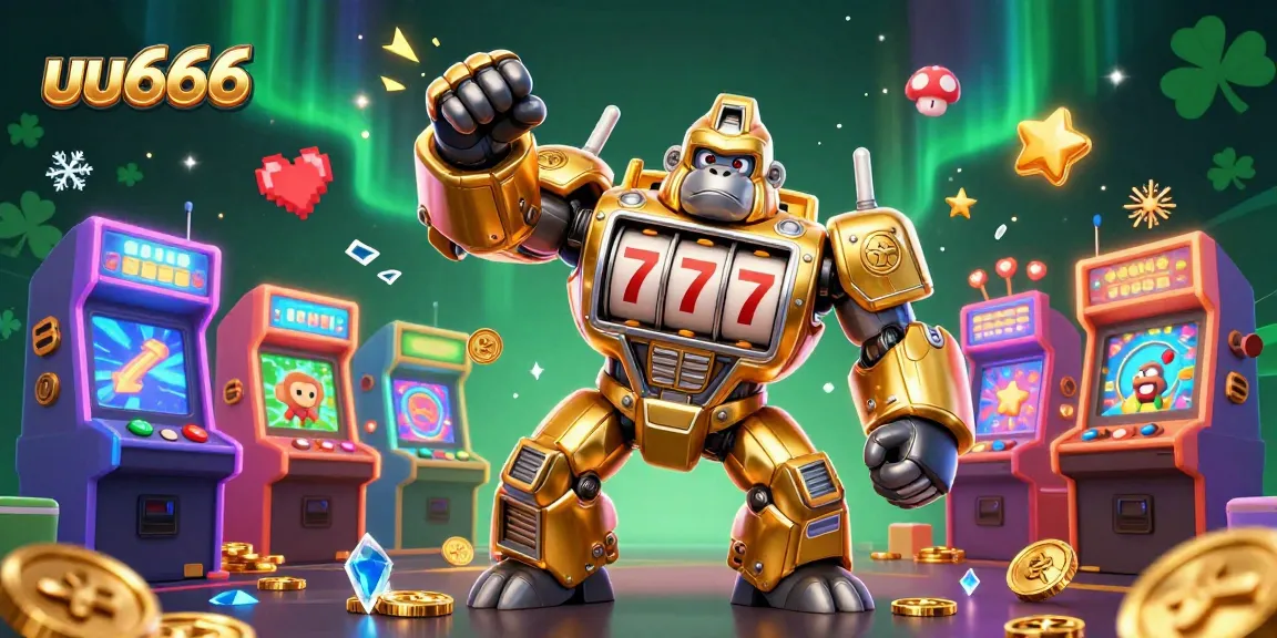 Engage with uu666's golden gorilla mech in a vibrant casino gaming environment filled with sparkling elements.