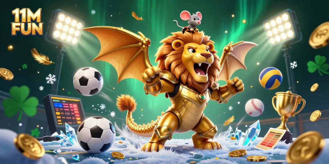 Engage in 11M FUN with a vibrant, dynamic casino scene featuring a chimera, sports elements, and gold treasures.
