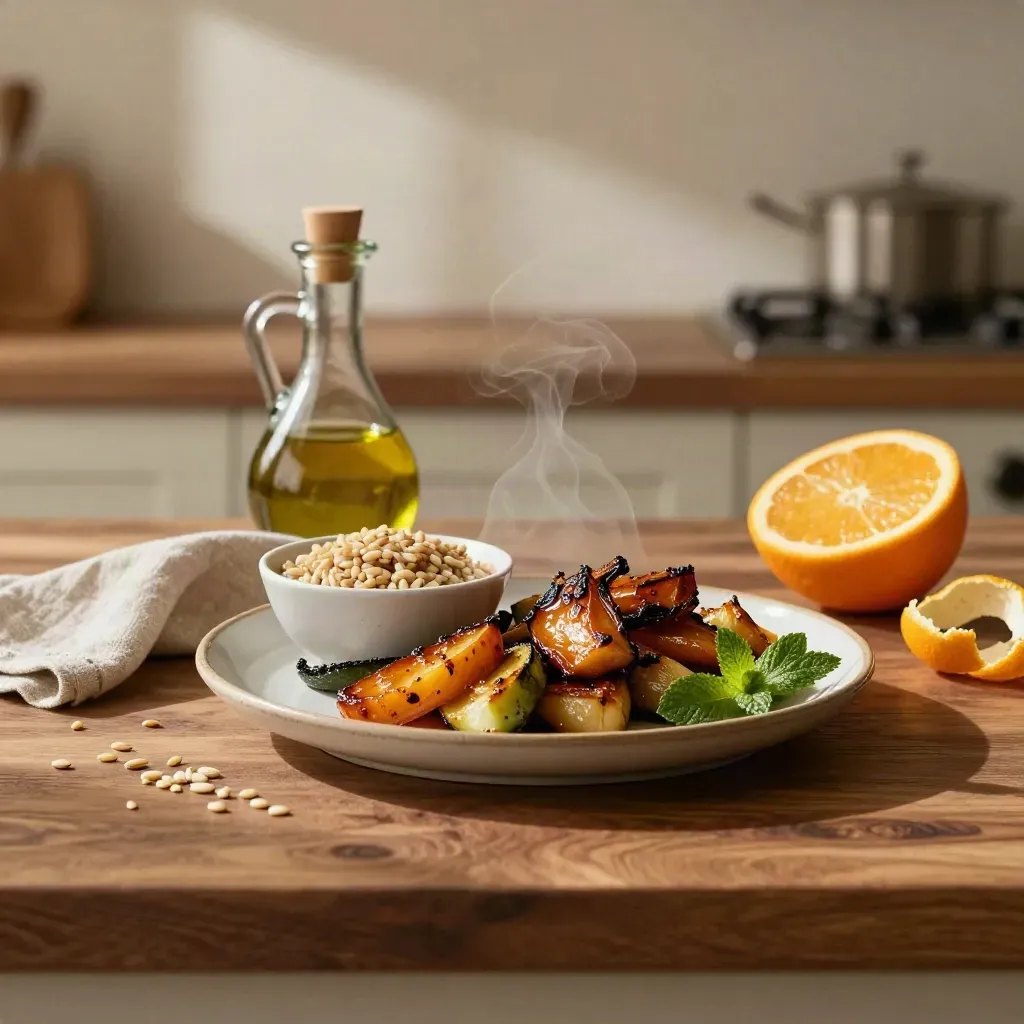 Roasted vegetables, grains, citrus and olive oil on a warm kitchen counter with steam.