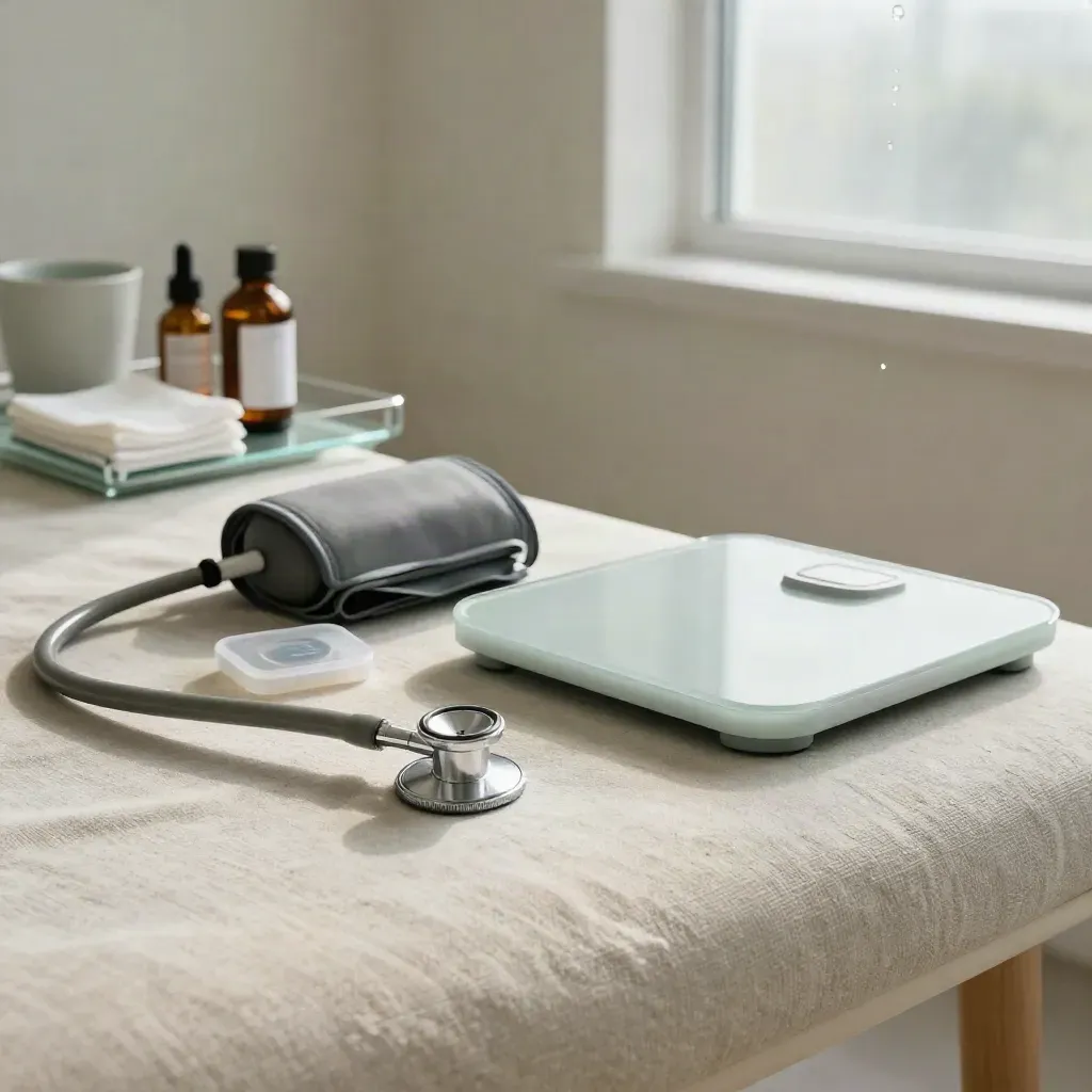 Close-up clinic still life with blood pressure cuff, stethoscope, oximeter, and treatment couch