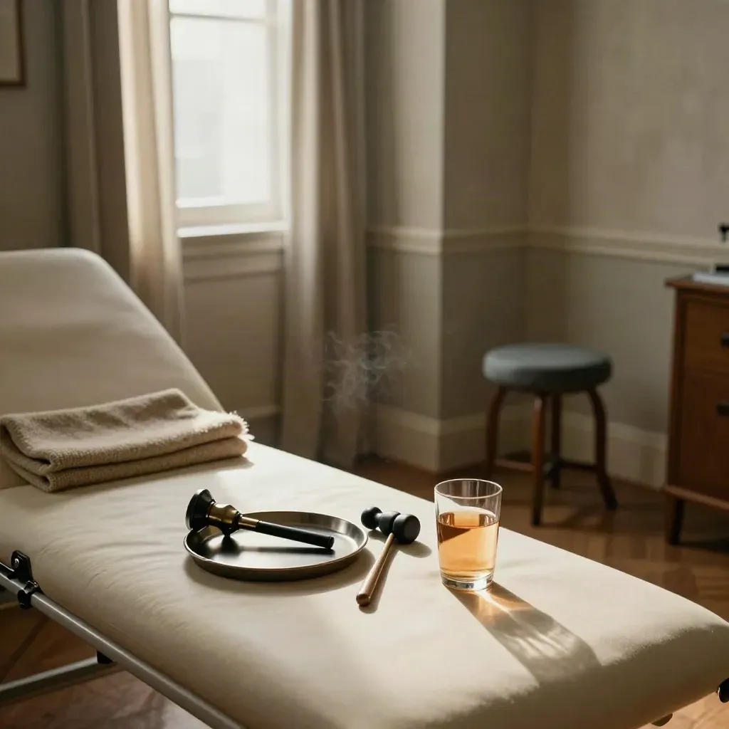 Quiet GP consulting corner with exam couch, otoscope kit, carafe and wool throw in warm late light