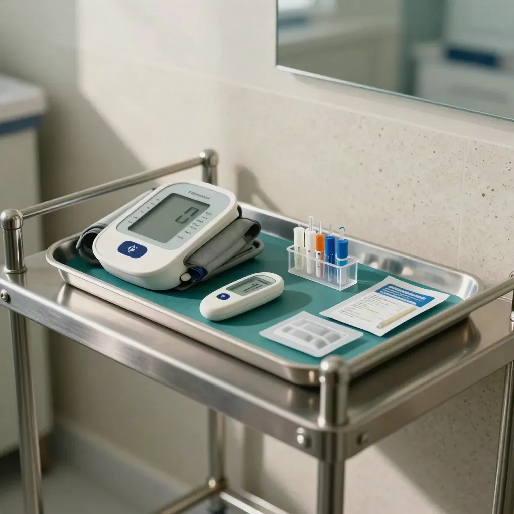 Preventive screening tools on a stainless trolley in a bright clinical prep bay.