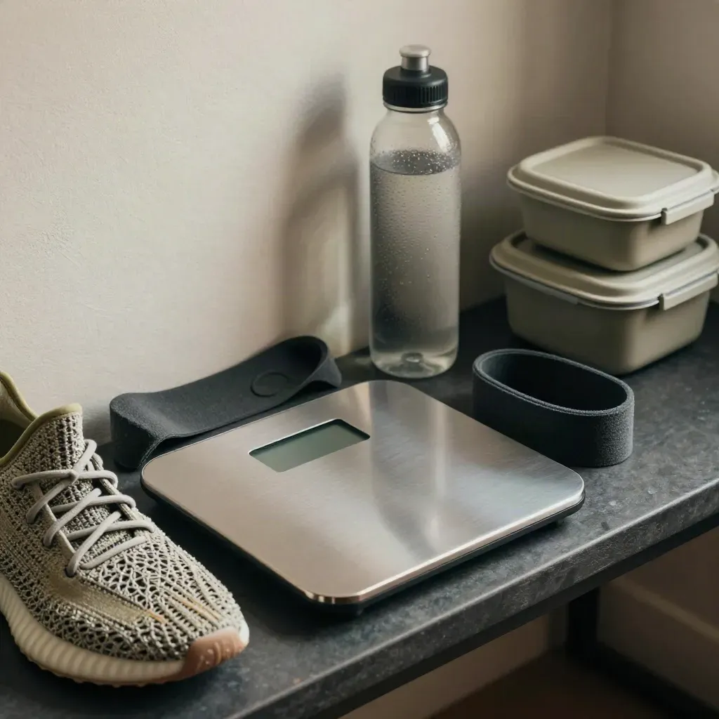 Weight-management tools on a matte bench: scale, trainers, band, bottle and meal containers.