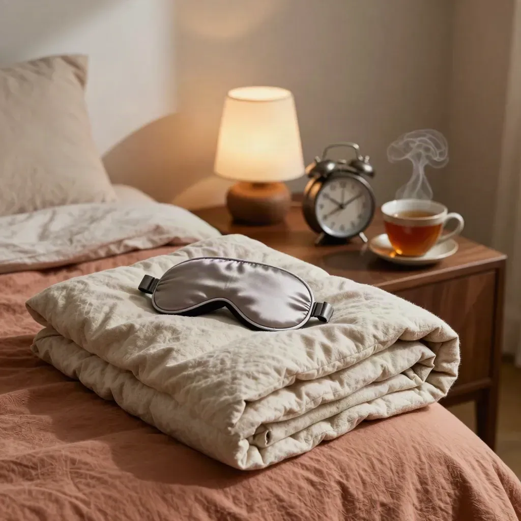 Bedside sleep routine with blanket, mask, lamp, tea, and alarm clock
