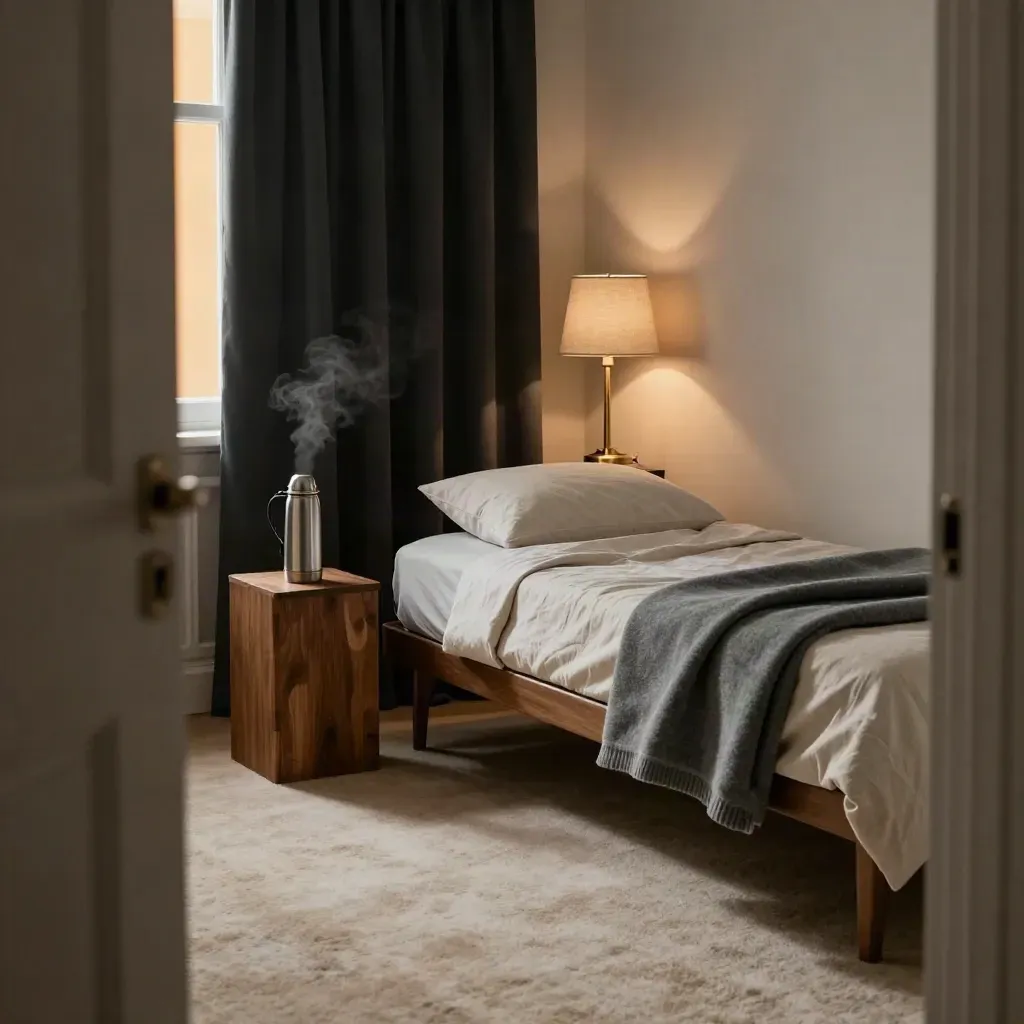 Prepared staff sleep room with daybed, lamp, thermos, and blackout curtains in warm light.
