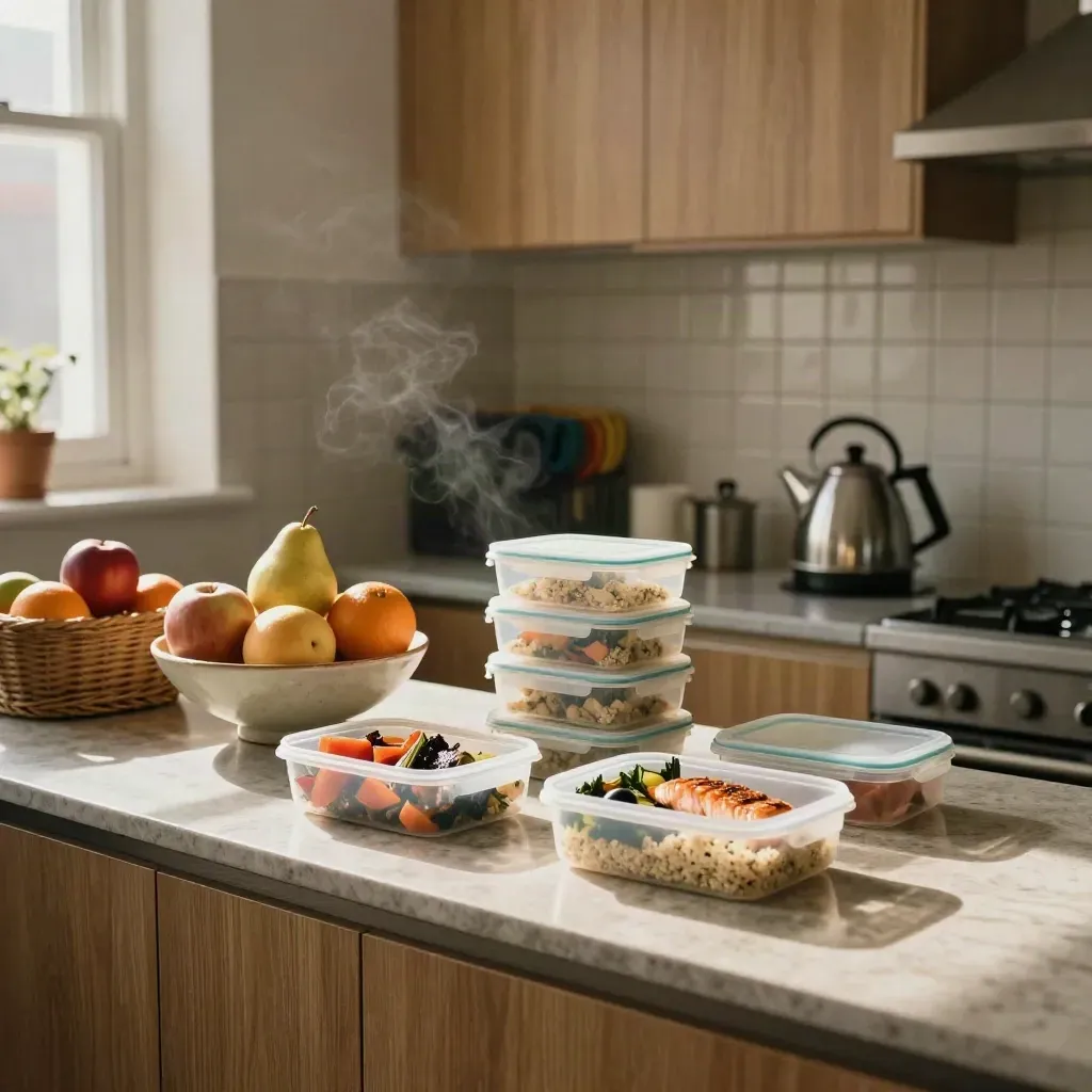 Office kitchenette with healthy lunch boxes, fruit bowl and resistance bands in warm afternoon light.