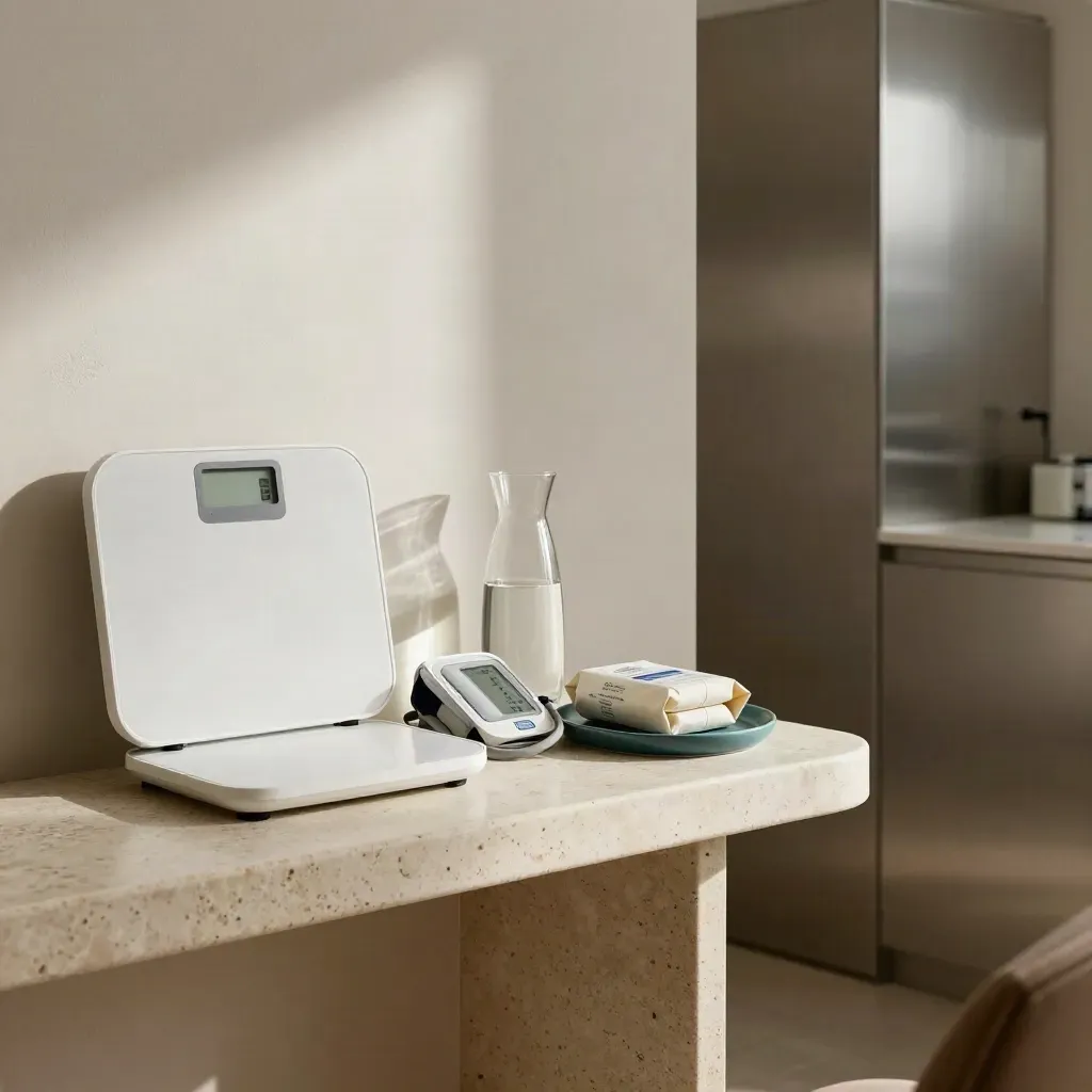 Empty London health review suite with scale, blood pressure monitor, water carafe and wellness kit.
