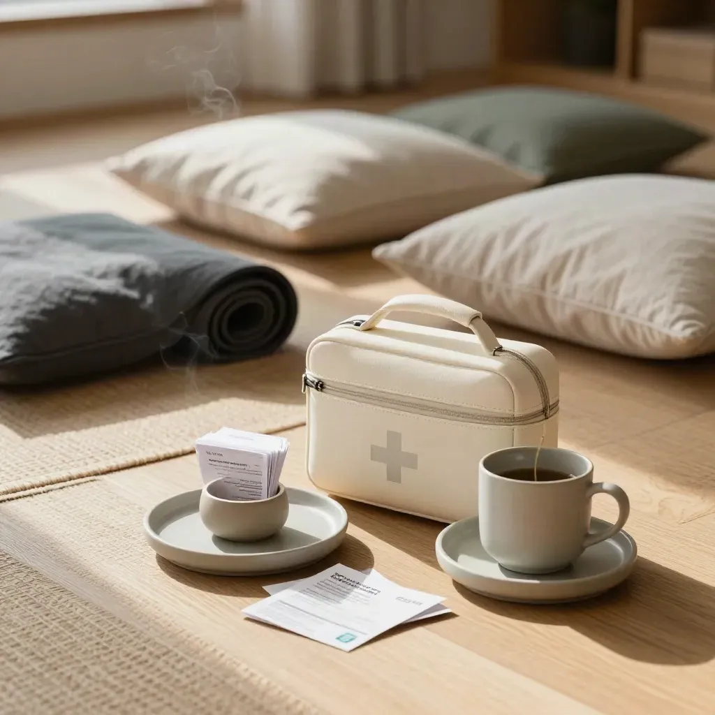 Quiet wellbeing room with cushions, tea tray, diffuser mist, rolled mat and support kit