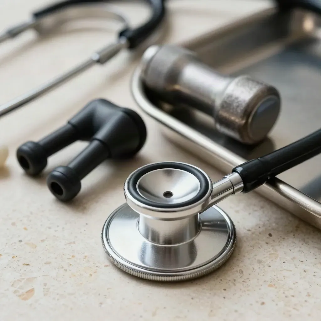 Macro of stethoscope chestpiece, otoscope tips, reflex hammer head and stainless tray on travertine.