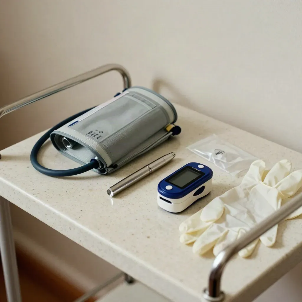 Diagnostic kit with cuff, penlight, oximeter and gloves on a clinic trolley.