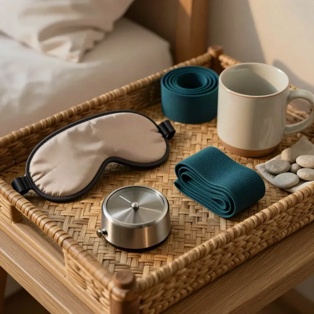 Lifestyle coach reset kit in woven tray with mask, timer, band, mug and pebble tokens.