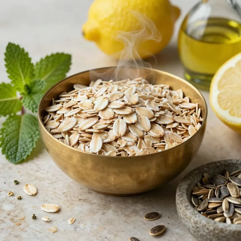 Brass bowl of oats, lemons, herbs, oil and seeds on stone with soft daylight and steam.