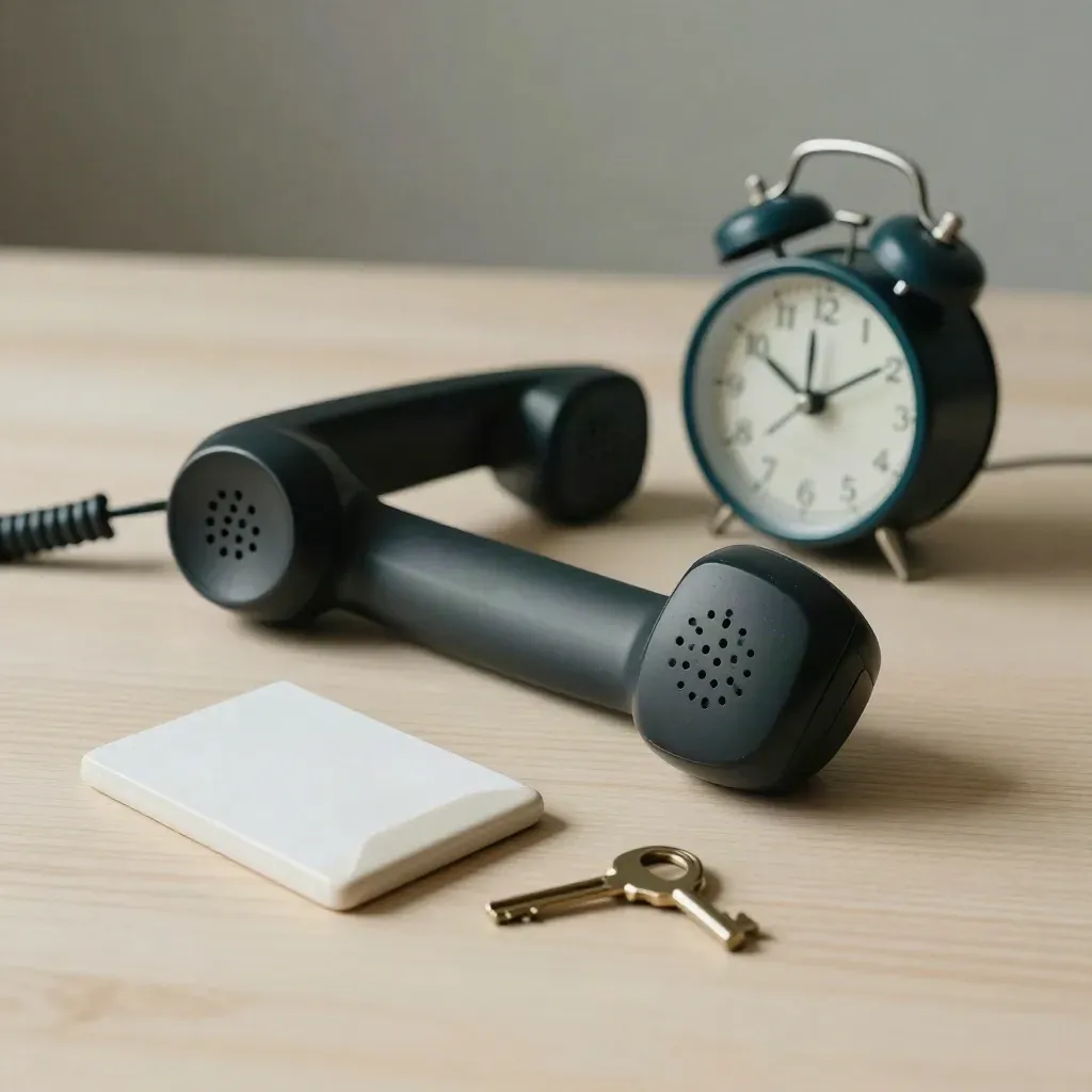 Top-down still life of a phone handset, key, blank card holder and desk clock on pale wood.
