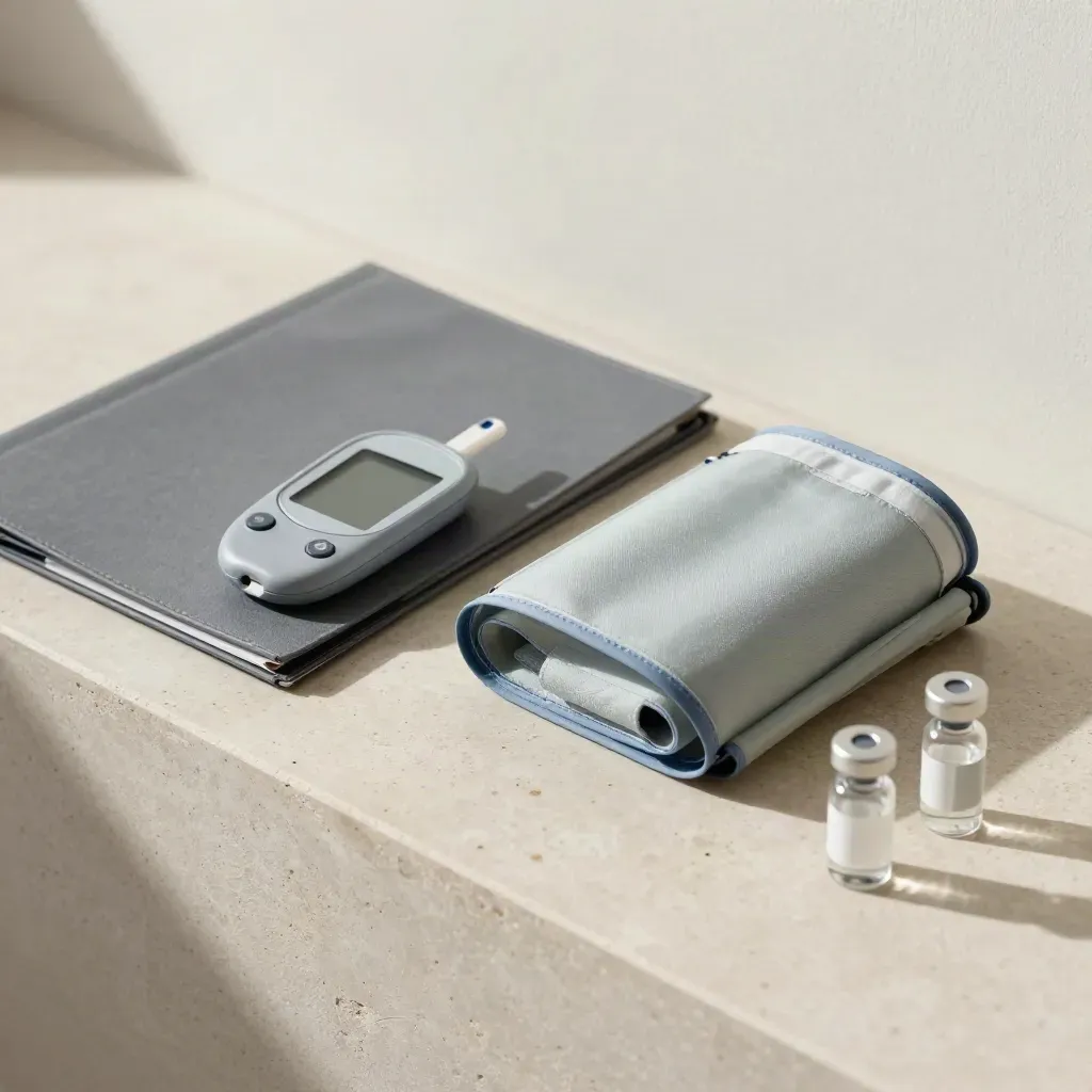 Closed results folder with glucose meter, blood pressure cuff, and two sample vials on stone ledge.