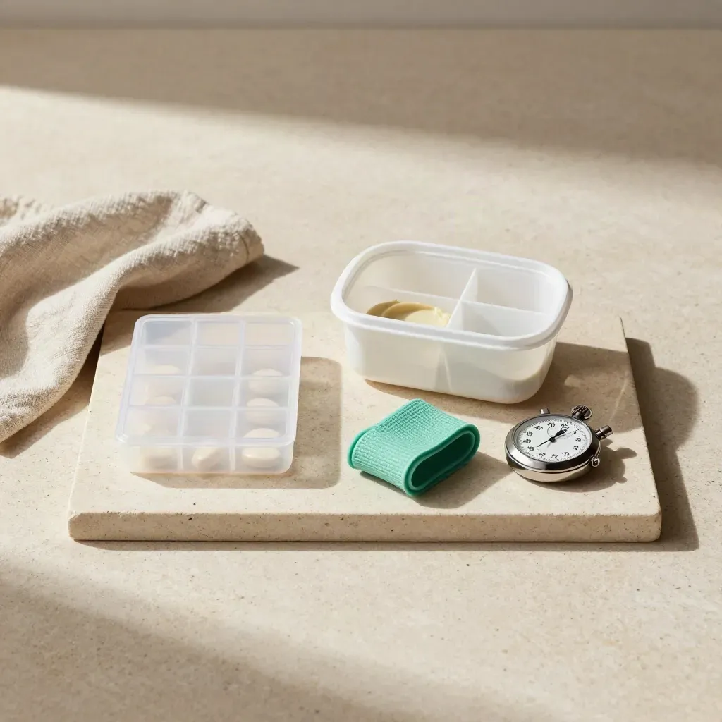 Top-down still life of pill organiser, meal-prep box, mint band and stopwatch on stone tray.