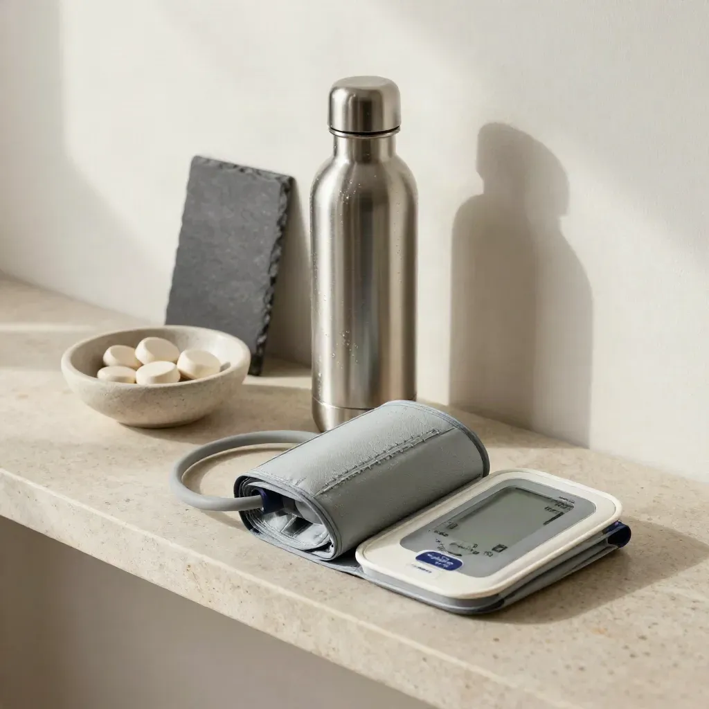 Blood pressure cuff, reusable bottle and habit tokens on a stone shelf.