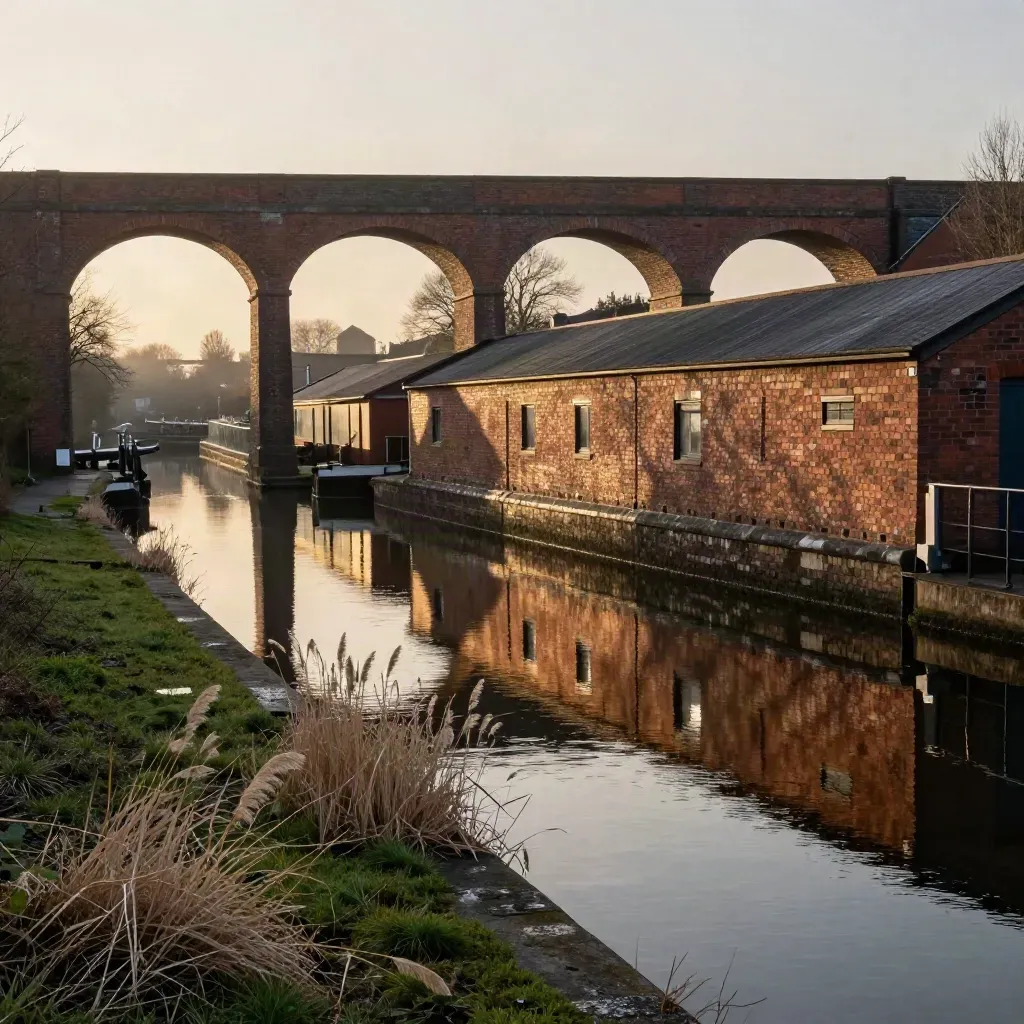 West Midlands canal viaducts and still water glowing in warm evening haze.
