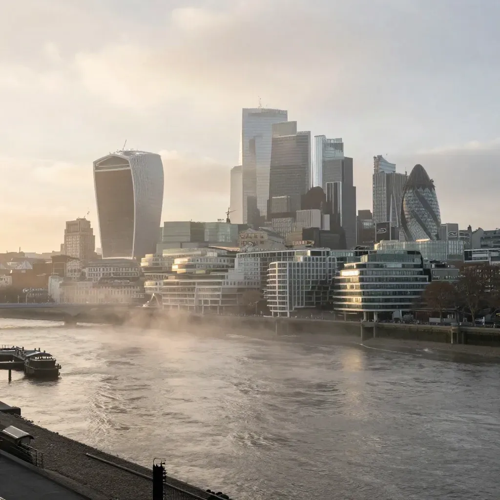 Gold dawn over the Thames and glass towers, misty London skyline with calm water below.