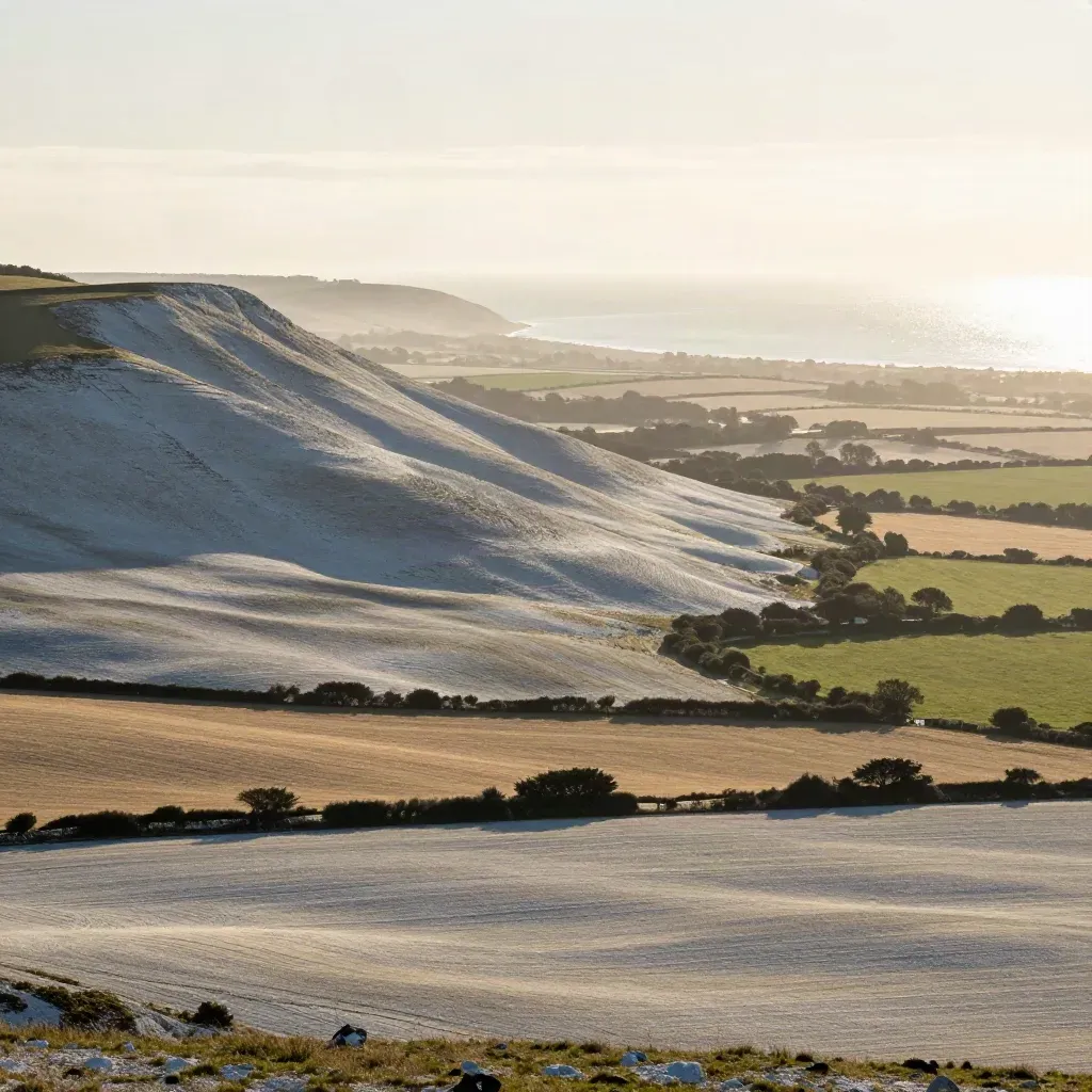 Golden-hour chalk downs and sea mist over South East England, with patchwork fields and a pale coast.