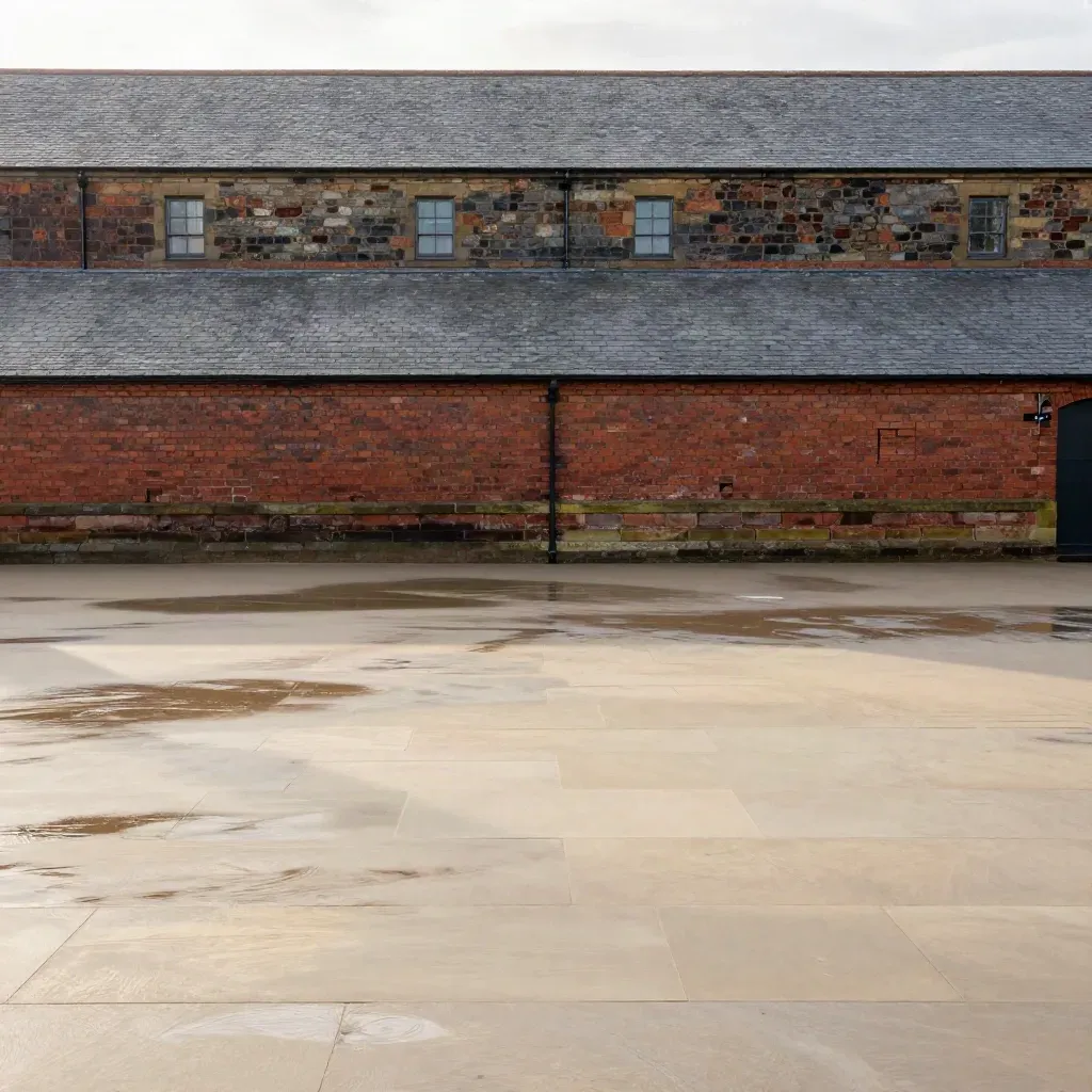 Wet sandstone, brick mills and a hazy skyline over a calm stone plane in North West England.