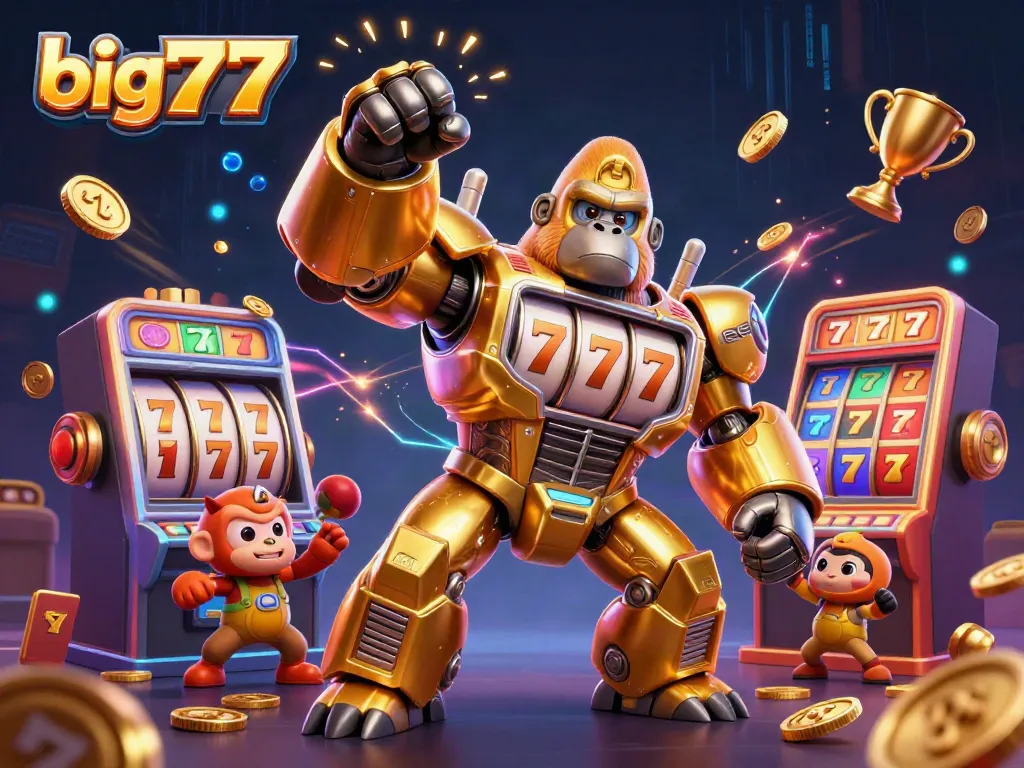 Win big777 with a thrilling 3D casino scene featuring a golden gorilla mech and slot elements
